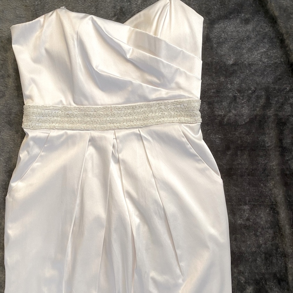 White Strapless Satin Beaded Dress